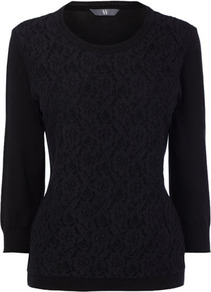 Black Lace Front Jumper - neckline: round neck; style: standard; back detail: contrast pattern/fabric at back; predominant colour: black; occasions: casual, work; length: standard; fibres: cotton - mix; fit: standard fit; bust detail: contrast pattern/fabric/detail at bust; sleeve length: 3/4 length; sleeve style: standard; texture group: knits/crochet; pattern type: fabric; pattern size: standard; embellishment: embroidered