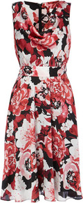 Red Floral Cowl Neck Dress - neckline: cowl/draped neck; sleeve style: sleeveless; bust detail: ruching/gathering/draping/layers/pintuck pleats at bust; predominant colour: pink; length: on the knee; fit: fitted at waist & bust; style: fit & flare; fibres: polyester/polyamide - 100%; occasions: occasion; hip detail: structured pleats at hip; sleeve length: sleeveless; texture group: sheer fabrics/chiffon/organza etc.; trends: high impact florals; pattern type: fabric; pattern size: big & busy; pattern: florals