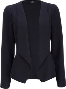 Navy Crepe Waterfall Jacket - pattern: plain; style: single breasted blazer; collar: shawl/waterfall; predominant colour: navy; occasions: casual, work, occasion; length: standard; fit: tailored/fitted; fibres: polyester/polyamide - 100%; sleeve length: long sleeve; sleeve style: standard; texture group: crepes; collar break: low/open; pattern type: fabric