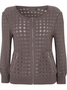 Mocha Lace Cardigan - neckline: round neck; bust detail: buttons at bust (in middle at breastbone)/zip detail at bust; predominant colour: taupe; occasions: casual, work; length: standard; style: standard; fibres: cotton - mix; fit: loose; waist detail: front pockets at waist level; sleeve length: long sleeve; sleeve style: standard; texture group: lace; pattern type: fabric; pattern size: standard; embellishment: embroidered