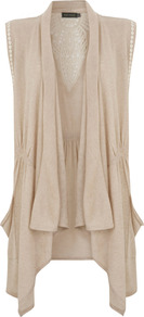 Neutral Lace Detail Waistcoat - pattern: plain; sleeve style: sleeveless; collar: shawl/waterfall; fit: loose; back detail: contrast pattern/fabric at back; predominant colour: stone; occasions: casual; style: waistcoat; sleeve length: sleeveless; collar break: low/open; pattern type: fabric; texture group: jersey - stretchy/drapey; fibres: viscose/rayon - mix; embellishment: lace
