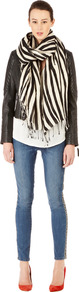 Zebra Stripe Linen Mix Scarf - secondary colour: white; predominant colour: black; occasions: casual, evening, work; type of pattern: heavy; style: regular; size: large; material: fabric; embellishment: fringing; pattern: animal print; trends: statement prints
