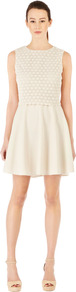 Lace Top Dress - length: mid thigh; pattern: plain; sleeve style: sleeveless; waist detail: fitted waist; predominant colour: ivory; occasions: evening, occasion; fit: fitted at waist & bust; style: fit & flare; fibres: polyester/polyamide - stretch; neckline: crew; hip detail: structured pleats at hip; bust detail: contrast pattern/fabric/detail at bust; sleeve length: sleeveless; texture group: sheer fabrics/chiffon/organza etc.; pattern type: fabric; embellishment: lace