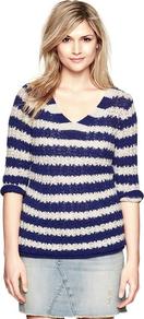 Striped Beach Sweater - neckline: low v-neck; pattern: horizontal stripes; style: standard; predominant colour: navy; occasions: casual, work; length: standard; fibres: cotton - mix; fit: standard fit; sleeve length: 3/4 length; sleeve style: standard; texture group: knits/crochet; pattern type: knitted - other; pattern size: standard