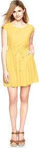 Cap Sleeve Drawstring Dress - length: mid thigh; neckline: round neck; sleeve style: capped; pattern: plain; waist detail: belted waist/tie at waist/drawstring; predominant colour: yellow; occasions: casual; fit: fitted at waist & bust; style: fit & flare; fibres: polyester/polyamide - 100%; hip detail: structured pleats at hip; sleeve length: sleeveless; texture group: sheer fabrics/chiffon/organza etc.; pattern type: fabric
