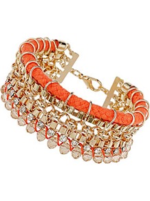 Coral Cord Friendship Bracelet - predominant colour: coral; secondary colour: gold; occasions: evening, holiday; style: bangle; size: large/oversized; material: chain/metal; trends: metallics; finish: metallic; embellishment: crystals