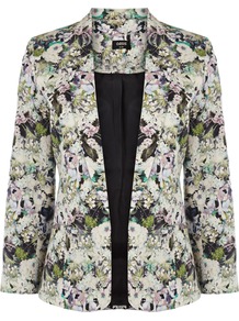 Hyper Floral Jacket - style: single breasted blazer; collar: standard lapel/rever collar; occasions: casual, evening, occasion; length: standard; fit: tailored/fitted; fibres: cotton - stretch; predominant colour: multicoloured; sleeve length: long sleeve; sleeve style: standard; trends: high impact florals; collar break: low/open; pattern type: fabric; pattern size: big & busy; pattern: florals; texture group: woven light midweight