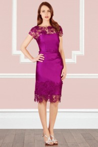 Luma Duchess Satin Dress - style: shift; neckline: round neck; sleeve style: capped; fit: tailored/fitted; pattern: plain; shoulder detail: contrast pattern/fabric at shoulder; waist detail: belted waist/tie at waist/drawstring; predominant colour: magenta; length: on the knee; fibres: polyester/polyamide - stretch; occasions: occasion; sleeve length: sleeveless; texture group: structured shiny - satin/tafetta/silk etc.; pattern type: fabric; embellishment: lace