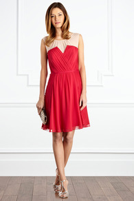 Mineraux Dress - neckline: round neck; fit: fitted at waist; pattern: plain; sleeve style: sleeveless; style: blouson; waist detail: fitted waist; shoulder detail: contrast pattern/fabric at shoulder; bust detail: ruching/gathering/draping/layers/pintuck pleats at bust; secondary colour: ivory; predominant colour: true red; length: just above the knee; fibres: polyester/polyamide - 100%; occasions: occasion; hip detail: soft pleats at hip/draping at hip/flared at hip; sleeve length: sleeveless; texture group: sheer fabrics/chiffon/organza etc.; pattern type: fabric