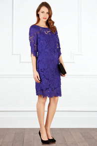 Vivianna Lace Dress - style: shift; neckline: round neck; fit: tailored/fitted; pattern: plain; predominant colour: purple; occasions: evening, occasion; length: just above the knee; fibres: polyester/polyamide - 100%; sleeve length: 3/4 length; sleeve style: standard; texture group: lace; pattern type: fabric; embellishment: lace