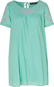 Aqua Cotton Dress - style: tunic; length: mid thigh; neckline: round neck; fit: loose; pattern: plain; secondary colour: pink; predominant colour: turquoise; occasions: casual, holiday; fibres: cotton - 100%; back detail: keyhole/peephole detail at back; sleeve length: short sleeve; sleeve style: standard; texture group: cotton feel fabrics; pattern type: fabric; embellishment: embroidered