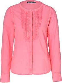 Fuchsia Cotton Blouse - pattern: plain; style: blouse; bust detail: ruching/gathering/draping/layers/pintuck pleats at bust; predominant colour: pink; occasions: casual, holiday; length: standard; fibres: cotton - 100%; fit: straight cut; neckline: crew; sleeve length: long sleeve; sleeve style: standard; texture group: cotton feel fabrics; pattern type: fabric; embellishment: beading