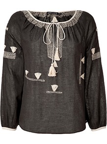 Black Cotton Tunic Top - neckline: round neck; bust detail: added detail/embellishment at bust; sleeve style: balloon; style: blouse; secondary colour: ivory; predominant colour: black; occasions: casual, holiday; length: standard; fibres: cotton - 100%; fit: straight cut; back detail: longer hem at back than at front; sleeve length: long sleeve; texture group: cotton feel fabrics; pattern type: fabric; pattern size: small & light; pattern: patterned/print; embellishment: embroidered