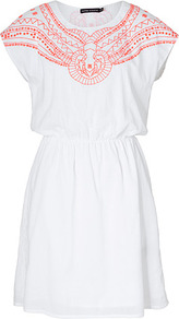 White Cotton Dress - neckline: round neck; sleeve style: capped; fit: fitted at waist; style: sundress; waist detail: elasticated waist; predominant colour: white; secondary colour: bright orange; occasions: casual, holiday; length: just above the knee; fibres: cotton - 100%; hip detail: soft pleats at hip/draping at hip/flared at hip; shoulder detail: added shoulder detail; sleeve length: sleeveless; texture group: cotton feel fabrics; pattern type: fabric; pattern size: small & light; pattern: patterned/print; embellishment: embroidered