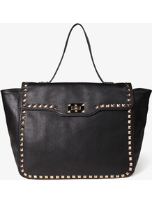 Studded Trim Handbag - predominant colour: black; occasions: casual, work; style: tote; length: handle; size: standard; material: faux leather; embellishment: studs; pattern: plain; finish: plain