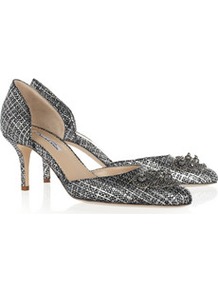 Binato Metallic Woven Faux Leather Pumps - predominant colour: silver; occasions: evening, occasion; material: faux leather; heel height: mid; embellishment: sequins; heel: standard; toe: pointed toe; style: courts; trends: metallics; finish: metallic; pattern: herringbone/tweed