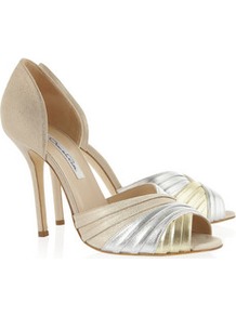 Leather Open Toe Pumps - predominant colour: gold; occasions: evening, occasion; material: leather; heel height: high; heel: stiletto; toe: open toe/peeptoe; style: courts; trends: metallics; finish: metallic; pattern: plain; embellishment: pleated