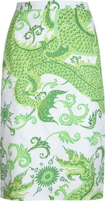 Dragon Print Skirt - length: below the knee; style: straight; fit: body skimming; waist: high rise; predominant colour: emerald green; occasions: evening, work; fibres: cotton - 100%; waist detail: narrow waistband; trends: statement prints; pattern type: fabric; pattern size: big & busy; pattern: patterned/print; texture group: woven light midweight