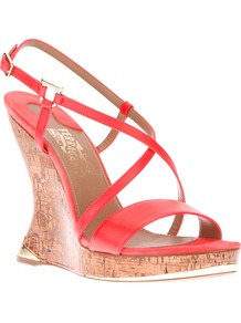 Wedge Sandal - predominant colour: bright orange; occasions: evening, holiday; material: leather; heel height: high; ankle detail: ankle strap; heel: wedge; toe: open toe/peeptoe; style: strappy; finish: fluorescent; pattern: plain