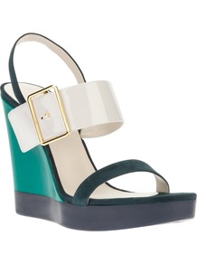 Wedge Sandal - predominant colour: emerald green; occasions: casual, evening; material: leather; heel height: high; embellishment: buckles; ankle detail: ankle strap; heel: wedge; toe: open toe/peeptoe; style: strappy; finish: plain; pattern: colourblock