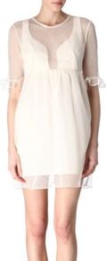 Lace Dress - style: shift; length: mid thigh; fit: empire; pattern: plain; bust detail: sheer at bust; shoulder detail: contrast pattern/fabric at shoulder; predominant colour: ivory; occasions: evening, occasion; fibres: polyester/polyamide - 100%; neckline: crew; back detail: keyhole/peephole detail at back; sleeve length: half sleeve; sleeve style: standard; texture group: lace; pattern type: fabric; pattern size: standard
