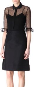 Frill Sleeve Lace Blouse - neckline: shirt collar/peter pan/zip with opening; pattern: plain; bust detail: sheer at bust; style: shirt; sleeve style: trumpet; predominant colour: black; occasions: evening; length: standard; fibres: polyester/polyamide - 100%; fit: body skimming; sleeve length: 3/4 length; texture group: lace; pattern type: fabric