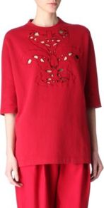 Cut Out Top - sleeve style: dolman/batwing; pattern: plain; neckline: high neck; length: below the bottom; predominant colour: true red; occasions: casual; style: top; fibres: cotton - 100%; fit: loose; bust detail: contrast pattern/fabric/detail at bust; sleeve length: half sleeve; pattern type: fabric; texture group: jersey - stretchy/drapey