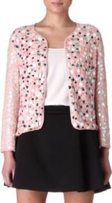 Mosaic Jacket - collar: round collar/collarless; style: boxy; predominant colour: pink; occasions: evening, work, occasion; length: standard; fit: straight cut (boxy); fibres: polyester/polyamide - 100%; sleeve length: long sleeve; sleeve style: standard; texture group: crepes; collar break: high/illusion of break when open; pattern type: fabric; pattern size: small & busy; embellishment: beading