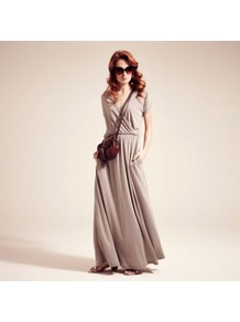 Grey Maxidress With Coolfresh - neckline: low v-neck; fit: fitted at waist; pattern: plain; style: maxi dress; waist detail: elasticated waist; predominant colour: light grey; occasions: casual, holiday; length: floor length; fibres: polyester/polyamide - mix; sleeve length: short sleeve; sleeve style: standard; pattern type: fabric; texture group: jersey - stretchy/drapey