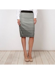 Designer Pale Blue Block Patterned Pencil Skirt - style: pencil; fit: tailored/fitted; waist: high rise; secondary colour: pale blue; predominant colour: black; occasions: evening, work, occasion; length: on the knee; fibres: cotton - stretch; texture group: cotton feel fabrics; trends: modern geometrics; pattern type: fabric; pattern size: small & busy; pattern: patterned/print