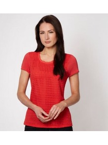 Designer Red Crochet Panelled T Shirt - neckline: round neck; pattern: plain; style: t-shirt; predominant colour: coral; occasions: casual; length: standard; fibres: viscose/rayon - 100%; fit: body skimming; sleeve length: short sleeve; sleeve style: standard; texture group: knits/crochet