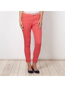 Designer Coral Belted Slim Leg Jeans - style: skinny leg; length: standard; pattern: plain; pocket detail: traditional 5 pocket; waist: mid/regular rise; predominant colour: coral; occasions: casual; fibres: cotton - stretch; jeans & bottoms detail: turn ups; texture group: denim; pattern type: fabric