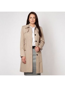 Designer Beige Peplum Mac - pattern: plain; style: mac; length: mid thigh; predominant colour: stone; occasions: casual, evening, work; fit: tailored/fitted; fibres: cotton - mix; collar: shirt collar/peter pan/zip with opening; waist detail: peplum detail at waist; back detail: back vent/flap at back; sleeve length: long sleeve; sleeve style: standard; texture group: cotton feel fabrics; collar break: high/illusion of break when open; pattern type: fabric
