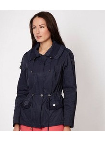 Designer Navy Short Parka Jacket - pattern: plain; length: below the bottom; fit: loose; style: parka; collar: high neck; predominant colour: navy; occasions: casual; fibres: cotton - mix; waist detail: belted waist/tie at waist/drawstring; sleeve length: long sleeve; sleeve style: standard; collar break: high; pattern type: fabric; texture group: other - light to midweight