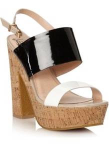 Black Patent Strap High Sandals - secondary colour: camel; occasions: casual, evening, holiday; material: faux leather; ankle detail: ankle strap; heel: platform; toe: open toe/peeptoe; style: standard; predominant colour: monochrome; finish: patent; pattern: colourblock; heel height: very high