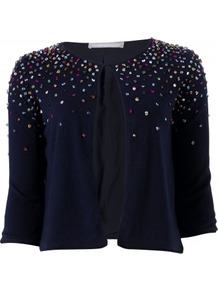 Kiara Cardigan - neckline: round neck; bust detail: added detail/embellishment at bust; length: cropped; predominant colour: navy; occasions: casual, evening, work, occasion; style: standard; fibres: cotton - 100%; fit: standard fit; shoulder detail: added shoulder detail; sleeve length: 3/4 length; sleeve style: standard; texture group: knits/crochet; pattern type: knitted - fine stitch; pattern size: small & light; embellishment: beading