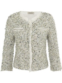 Sequin Tweed Jacket - pattern: plain; collar: round collar/collarless; length: cropped; style: boxy; predominant colour: sage; occasions: casual, evening, work, occasion; fit: straight cut (boxy); fibres: cotton - mix; sleeve length: 3/4 length; sleeve style: standard; collar break: high; pattern type: fabric; pattern size: standard; texture group: tweed - light/midweight; embellishment: sequins