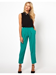 Peg Trousers With Soft Pleats - pattern: plain; style: peg leg; waist: high rise; predominant colour: emerald green; occasions: casual, evening, work, occasion; length: ankle length; fibres: polyester/polyamide - 100%; hip detail: front pleats at hip level; texture group: crepes; fit: tapered; pattern type: fabric; pattern size: standard