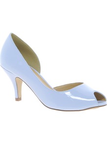 Sugar Cube Heels - predominant colour: pale blue; occasions: evening, work, occasion; material: faux leather; heel height: mid; heel: kitten; toe: open toe/peeptoe; style: courts; finish: patent; pattern: plain