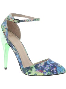 Priority Pointed High Heels - occasions: evening, work, occasion, holiday; predominant colour: multicoloured; material: fabric; heel height: high; ankle detail: ankle strap; heel: stiletto; toe: pointed toe; style: courts; trends: high impact florals, statement prints; finish: plain; pattern: patterned/print