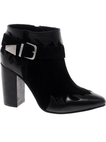 Animate Leather Ankle Boots - predominant colour: black; occasions: casual, evening, work; material: leather; heel height: high; embellishment: buckles; heel: block; toe: pointed toe; boot length: ankle boot; style: cowboy; finish: plain; pattern: plain