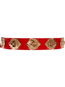 Deco Plate Waist Belt - predominant colour: true red; occasions: casual, evening, work, occasion, holiday; type of pattern: standard; style: classic; size: standard; worn on: waist; material: fabric; trends: metallics; finish: metallic; pattern: patterned/print; embellishment: chain/metal