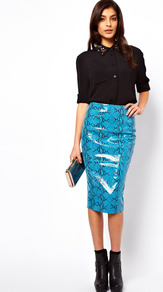 Leather Pencil Skirt In Snake - length: below the knee; style: pencil; fit: tight; waist: high rise; hip detail: fitted at hip; predominant colour: turquoise; occasions: evening, work, occasion; fibres: leather - 100%; texture group: leather; trends: statement prints, fluorescent; pattern type: fabric; pattern size: small & busy; pattern: animal print