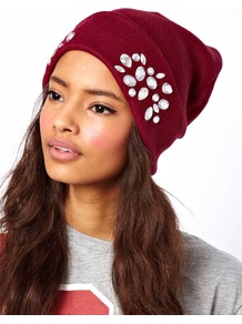 Turn Up Beanie With Embellishment - predominant colour: burgundy; occasions: casual, work; type of pattern: light; style: beanie; size: standard; material: knits; pattern: plain; embellishment: jewels