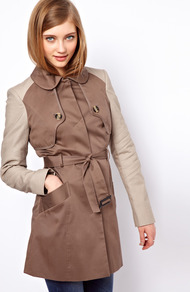 Contrast Sleeve Mac - hip detail: side pockets at hip; style: mac; length: mid thigh; predominant colour: taupe; secondary colour: stone; occasions: casual, work; fit: tailored/fitted; fibres: cotton - stretch; collar: shirt collar/peter pan/zip with opening; waist detail: belted waist/tie at waist/drawstring; back detail: back vent/flap at back; sleeve length: long sleeve; sleeve style: standard; collar break: high; pattern type: fabric; pattern: colourblock; texture group: woven light midweight