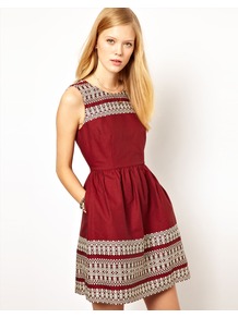 Nw3 Christine Embroidered Dress - style: shift; length: mid thigh; neckline: round neck; fit: fitted at waist; sleeve style: sleeveless; waist detail: fitted waist; shoulder detail: contrast pattern/fabric at shoulder; predominant colour: true red; occasions: evening, work, occasion, holiday; fibres: cotton - 100%; bust detail: contrast pattern/fabric/detail at bust; sleeve length: sleeveless; texture group: cotton feel fabrics; trends: modern geometrics; pattern type: fabric; pattern size: standard; pattern: patterned/print