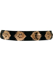Deco Plate Waist Belt - secondary colour: gold; predominant colour: black; occasions: evening, work, occasion; type of pattern: large; style: classic; size: standard; worn on: waist; material: faux leather; trends: metallics; finish: metallic; pattern: patterned/print; embellishment: chain/metal