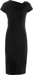Stretch Tweed Dress - style: shift; neckline: v-neck; fit: tailored/fitted; pattern: plain; waist detail: fitted waist; predominant colour: black; occasions: evening, occasion; length: on the knee; fibres: polyester/polyamide - stretch; sleeve length: short sleeve; sleeve style: standard; pattern type: fabric; texture group: tweed - light/midweight
