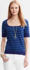 Striped Square Neck Pullover - pattern: horizontal stripes; length: below the bottom; style: standard; secondary colour: white; predominant colour: royal blue; occasions: casual, work; fibres: cotton - 100%; fit: standard fit; sleeve length: half sleeve; sleeve style: standard; texture group: knits/crochet; neckline: low square neck; pattern type: knitted - fine stitch; pattern size: standard