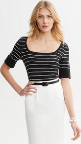 Striped Square Neck Pullover - pattern: horizontal stripes; length: below the bottom; style: standard; secondary colour: white; predominant colour: black; occasions: casual, work; fibres: cotton - 100%; fit: standard fit; sleeve length: half sleeve; sleeve style: standard; texture group: knits/crochet; neckline: low square neck; pattern type: knitted - fine stitch; pattern size: standard